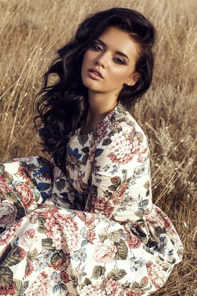 Woman with dark hair wears luxurious colorful dress posing in summer field — 스톡 사진