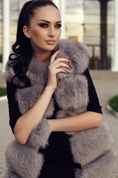 Gorgeous woman with long dark hair wears luxurious fur coat — Stock Photo, Image