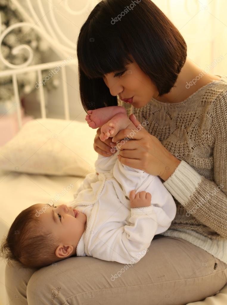 Beautiful Mother With Short Dark Hair And Her Little Cute Baby Boy Stock Photo C Slava 14 94414162