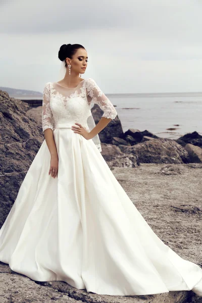 Gorgeous bride with dark hair wears elegant wedding dress — Stock Photo, Image