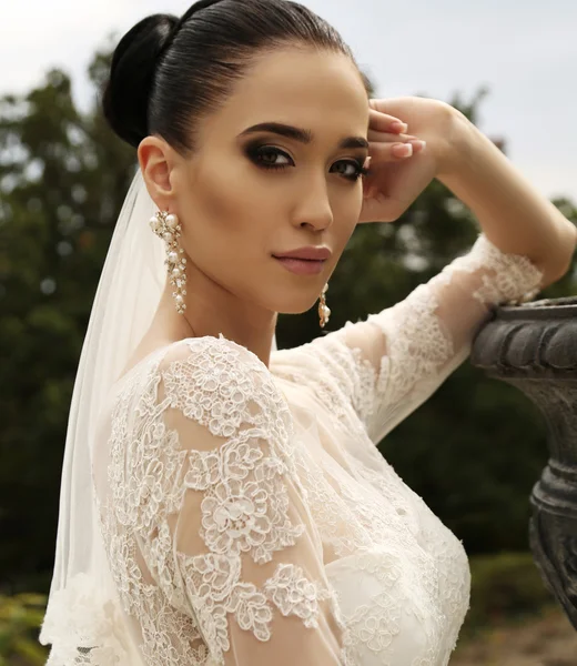 Wunderschöne Braut mit dunklen Haaren trägt elegantes Hochzeitskleid — Stockfoto