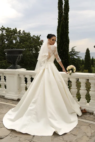 Gorgeous bride with dark hair wears elegant wedding dress — Stock Photo, Image