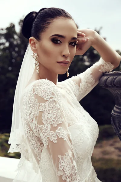 Hermosa novia con cabello oscuro lleva vestido de novia elegante —  Fotos de Stock