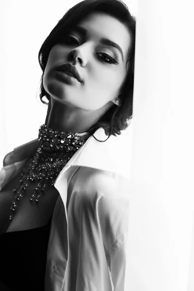 Bela menina sexy com cabelo escuro usa lingerie elegante e luxuoso colar — Fotografia de Stock