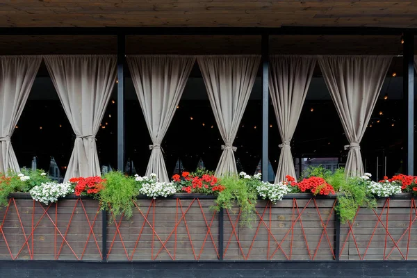 Geranium Flower Pots Curtains Veranda — Stock Photo, Image