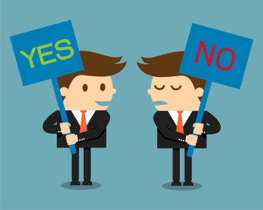 içinde yazılı bir tabela ile Evet ya da hayır kelime tutan işadamı