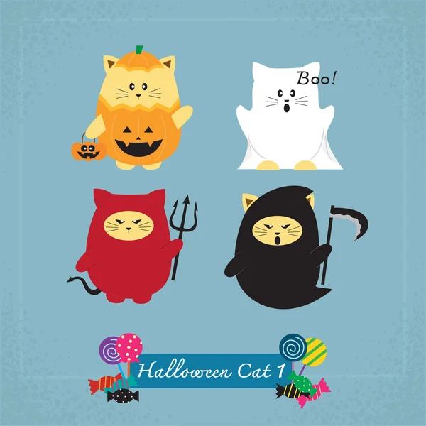 Zestaw ładny kot w kostiumy na halloween — Wektor stockowy