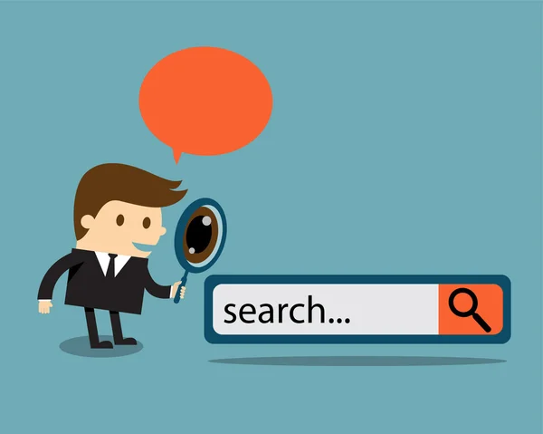 Homme d'affaires examine à travers une loupe avec bouton de moteur de recherche — Image vectorielle