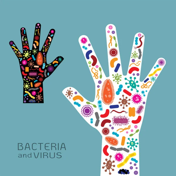 Hand met bacteriën en virussen — Stockvector