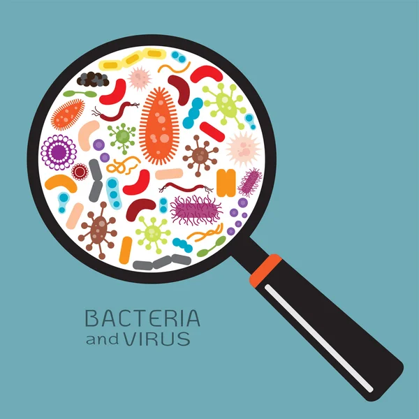 Lupa con bacterias y virus — Vector de stock