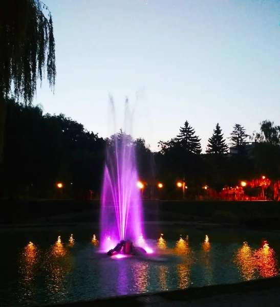 Πολύχρωμο Σιντριβάνι Νύχτα Kamenets Podolsky Ουκρανία — Φωτογραφία Αρχείου