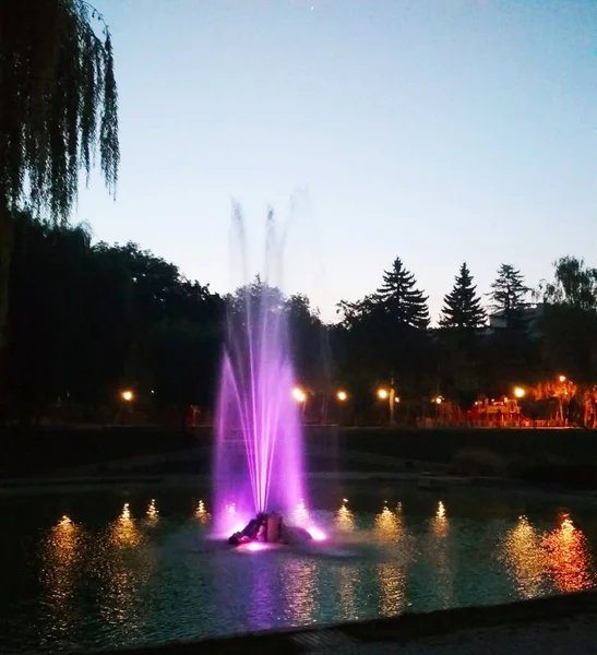 Красочный Фонтан Ночью Каменец Подольский Украина — стоковое фото