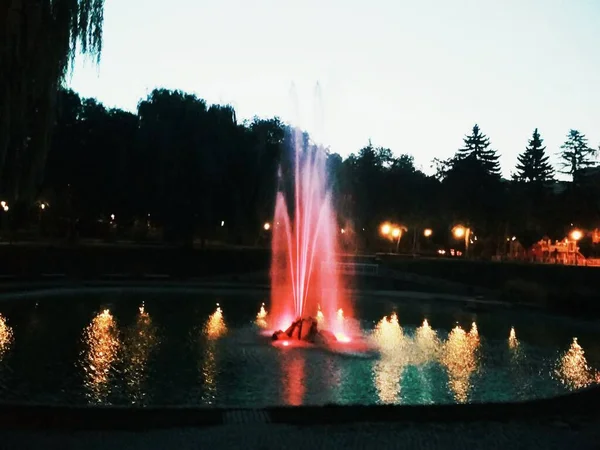 Geceleri renkli çeşme, Kamenets-Podolsky, Ukrayna 