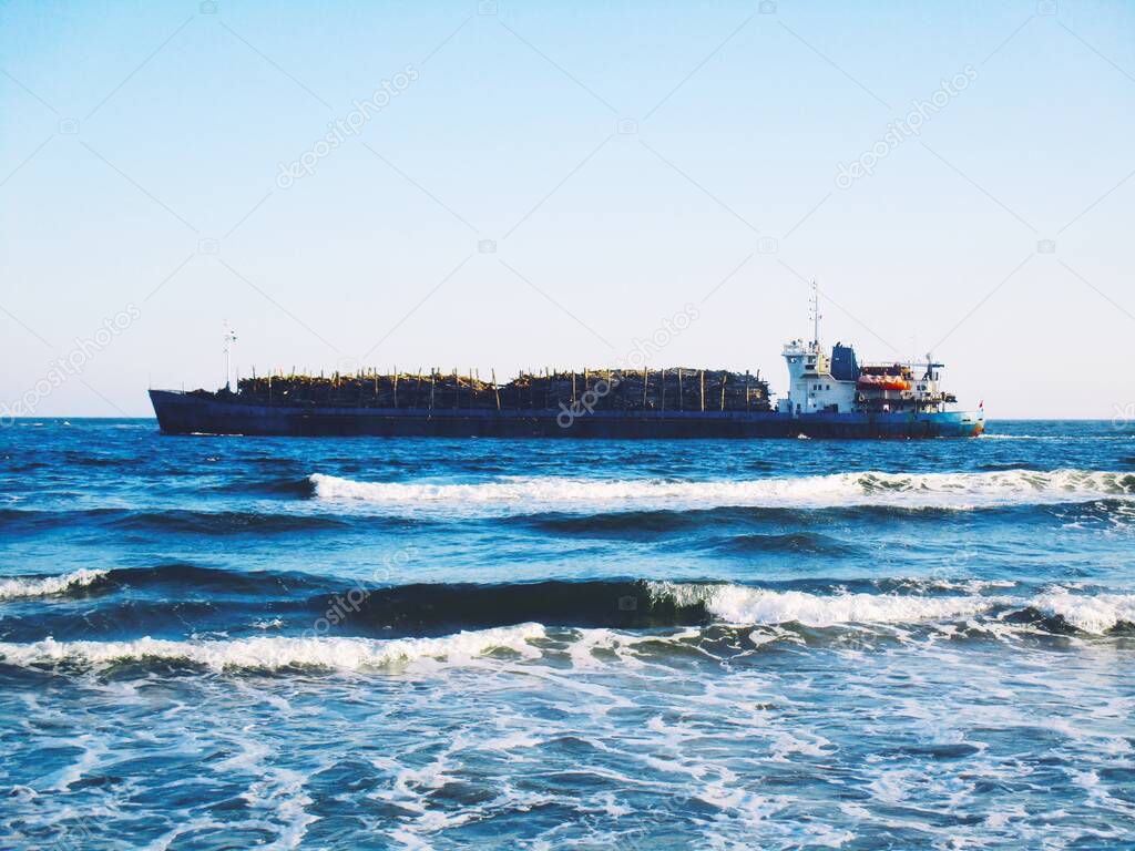 Dry cargo ship transporting wood over the Black Sea 