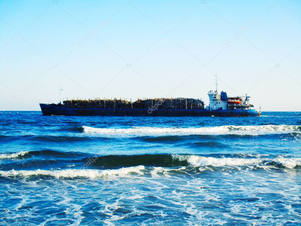 Dry cargo ship transporting wood over the Black Sea 