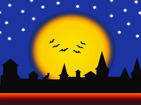 Halloween Silhouetten Van Oude Stad Tegen Achtergrond Van Volle Maan — Stockfoto