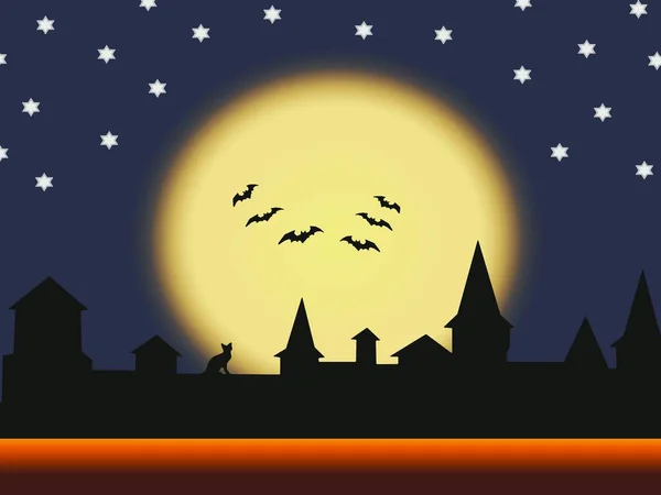 万圣节 旧城的轮廓在夜晚的满月背景下 蝙蝠四处飞舞 吓着了每个人 — 图库照片