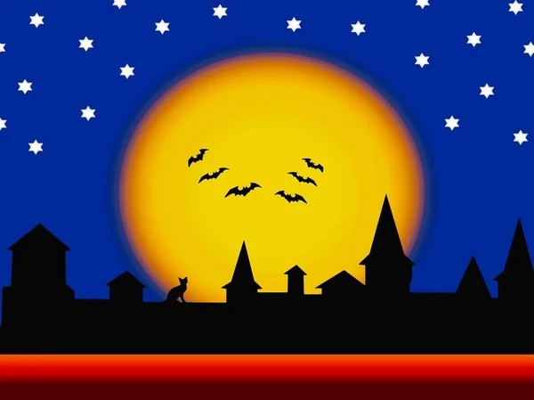 Halloween Silhouetten Der Altstadt Vor Dem Hintergrund Des Vollmondes Der — Stockfoto