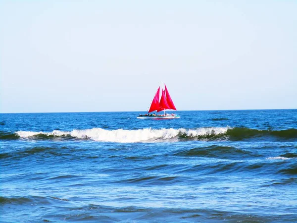 Boat Merrily Running Open Sea Background Blue Cloudless Sky — Stock Photo, Image