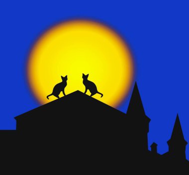 Dolunayın arka planında, çatıda oturan iki kedinin siluetleri. 
