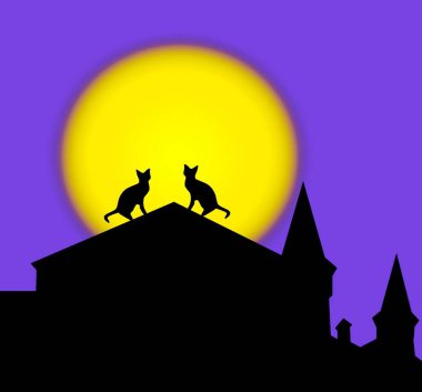 Dolunayın arka planında, çatıda oturan iki kedinin siluetleri. 
