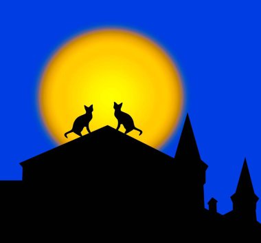 Dolunayın arka planında, çatıda oturan iki kedinin siluetleri. 