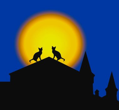 Dolunayın arka planında, çatıda oturan iki kedinin siluetleri. 