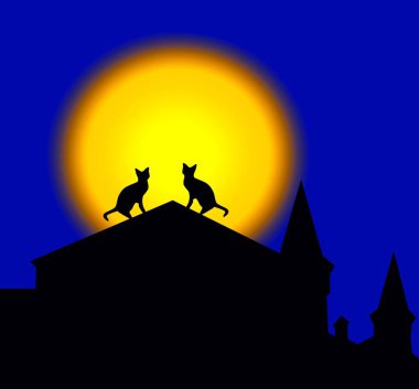 Dolunayın arka planında, çatıda oturan iki kedinin siluetleri. 