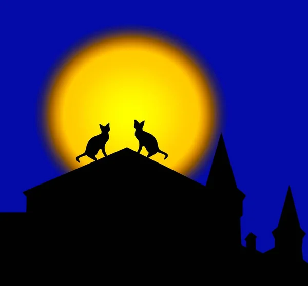 Silhouettes Pair Cats Sitting Roof Background Full Shining Moon — Stock Photo, Image