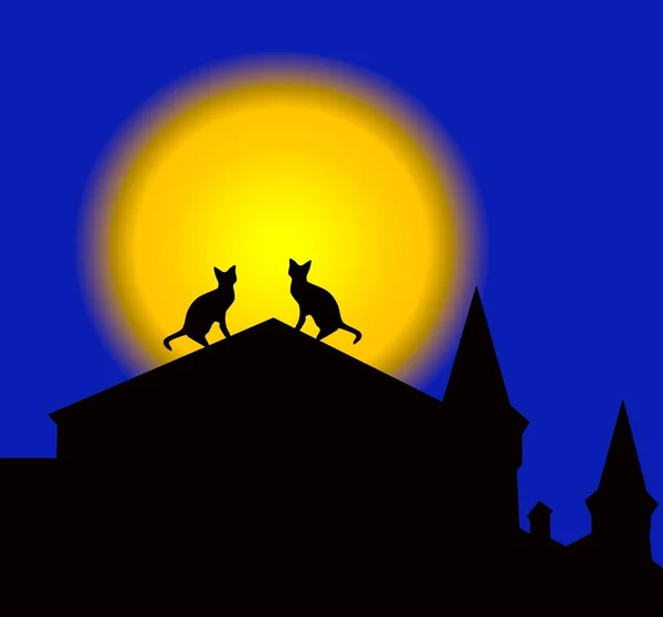 Silhouettes Pair Cats Sitting Roof Background Full Shining Moon — Stock Photo, Image