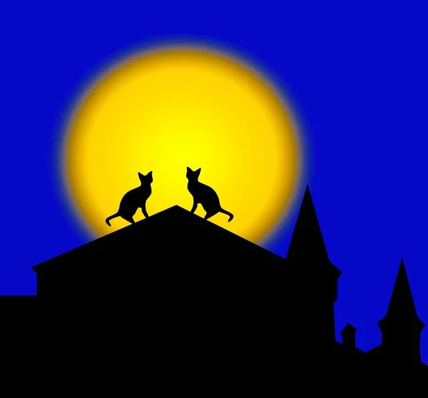 Silhouettes Pair Cats Sitting Roof Background Full Shining Moon — Stock Photo, Image