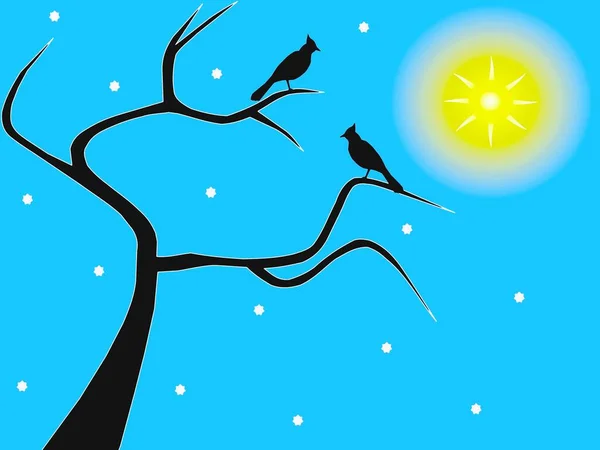 Pair Birds Sitting Bare Winter Trees Sunny Snowy Day — Stock Photo, Image