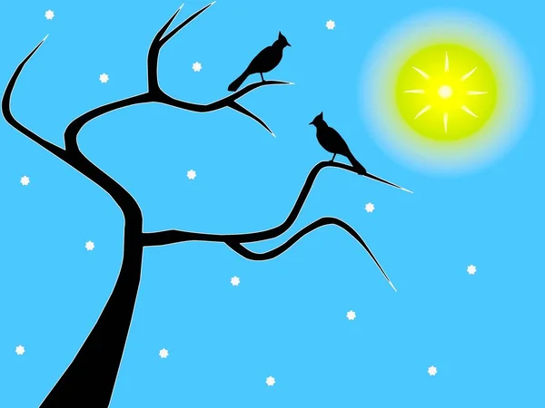 Pair Birds Sitting Bare Winter Trees Sunny Snowy Day — Stock Photo, Image