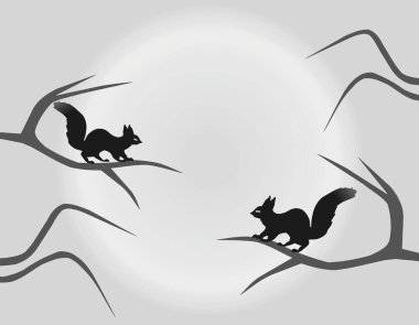 Karşısındaki çıplak ağaçlarda oturan bir çift sincap parlak güneşin arka planına yaslanmış, klipsli sanat. 