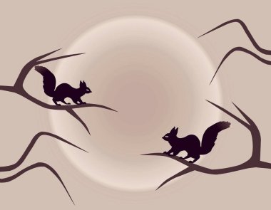 Karşısındaki çıplak ağaçlarda oturan bir çift sincap parlak güneşin arka planına yaslanmış, klipsli sanat. 