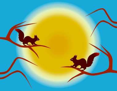 Karşısındaki çıplak ağaçlarda oturan bir çift sincap parlak güneşin arka planına yaslanmış, klipsli sanat. 