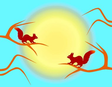 Karşısındaki çıplak ağaçlarda oturan bir çift sincap parlak güneşin arka planına yaslanmış, klipsli sanat. 