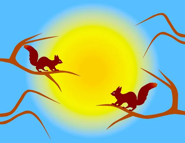 A pair of squirrels sitting on the bare trees opposite each other against the background of the brightly shining sun, clip art