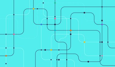 Stylized metro map with colorful curved lines and dots on cyan background, perfect for infographic, transit, or smart city design themes.