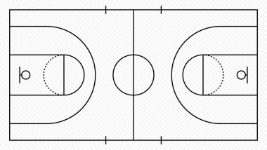 Basketbol sahası planı net işaretlerle ve saha çizgileriyle üstte