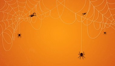 Orange background with spider web and crawling spiders, spooky decorative design for Halloween theme, party invitation, and creative projects.