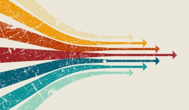 70 'lerin tarzı posterleri, büyüme kavramları ve yaratıcı grafik tasarımı için mükemmel olan vintage grunge deseni ile yukarı doğru çok renkli ok vektör arka planı.