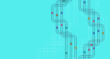 Renkli noktalı simetrik kıvrımlı siyah çizgiler parlak mavi arkaplan üzerinde modern bir sınır çerçevesi oluşturur, bilgi grafikleri ve düzenler için mükemmeldir.