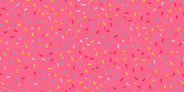 Pembe arka planda yıldızlarla ve canlı renklerle süslü, parti temaları, hediye paketi veya şenlik tasarımları için mükemmel konfetisiz konfeti serpiştirme deseni..