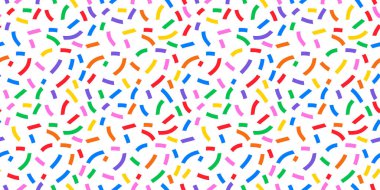 Beyaz arka planda neşeli şekilleri olan parlak, renksiz konfeti deseni, parti, dekorasyon ve şenlik tasarımı için mükemmel..