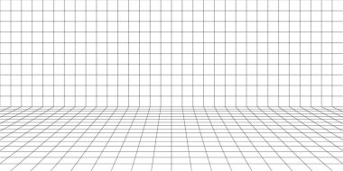 Beyaz üzerine siyah çizgiler olan 3 boyutlu perspektif ızgara odası arkaplanı