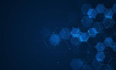 Dijital teknoloji geçmişi. Çizgiler ve noktalarla soyut altıgenler. Bilim, tıp veya teknoloji için tasarım