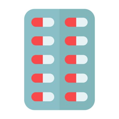 Kırmızı ve yeşil haplarla dolu renkli bir kapsül kabarcığının düz çizimi. Sağlık, ilaç, reçete veya tıbbi içerik için uygundur.