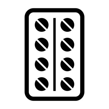 İçinde yuvarlak tabletler olan bir hap paketinin basit siyah beyaz simgesi. Sağlık, ilaç, tıp veya hastaneyle ilgili içerikte kullanmak için ideal.