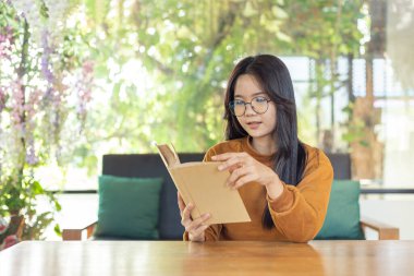 Rahat bir kafede kitap okuyan genç bir kadın, doğal ışık ve yeşillik, rahatlama, öğrenme ve huzurlu yaşam tarzı anları gösteriyor..